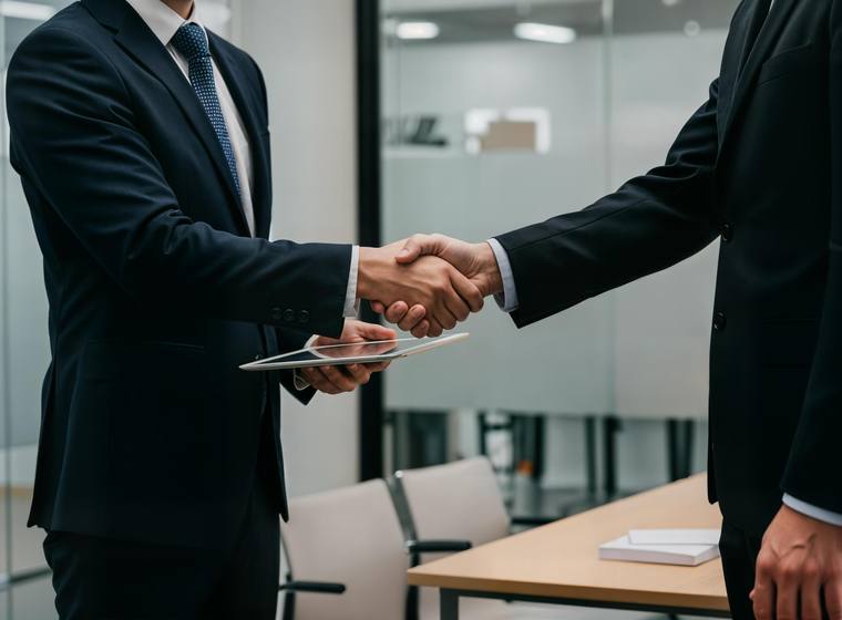 Two business partners shaking hands in an office